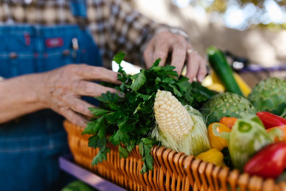 vegetables and herbs in a basket